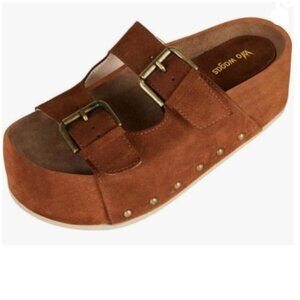 Wo Wagas Brown Buckle Strap Mules Platform Slippers Chunky Mid Heel Sandals